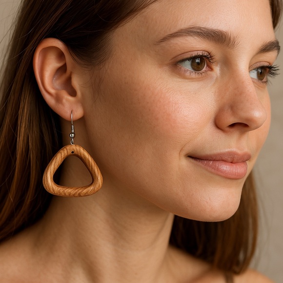 Wood triangle dangle earrings handmade lightweight 1.5” pierced - Picture 1 of 8